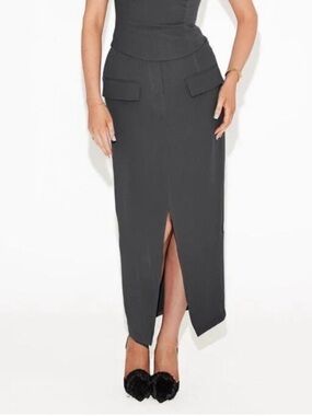 Commense Charcoal High-Waist Midi Pencil Skirt with Front Slit